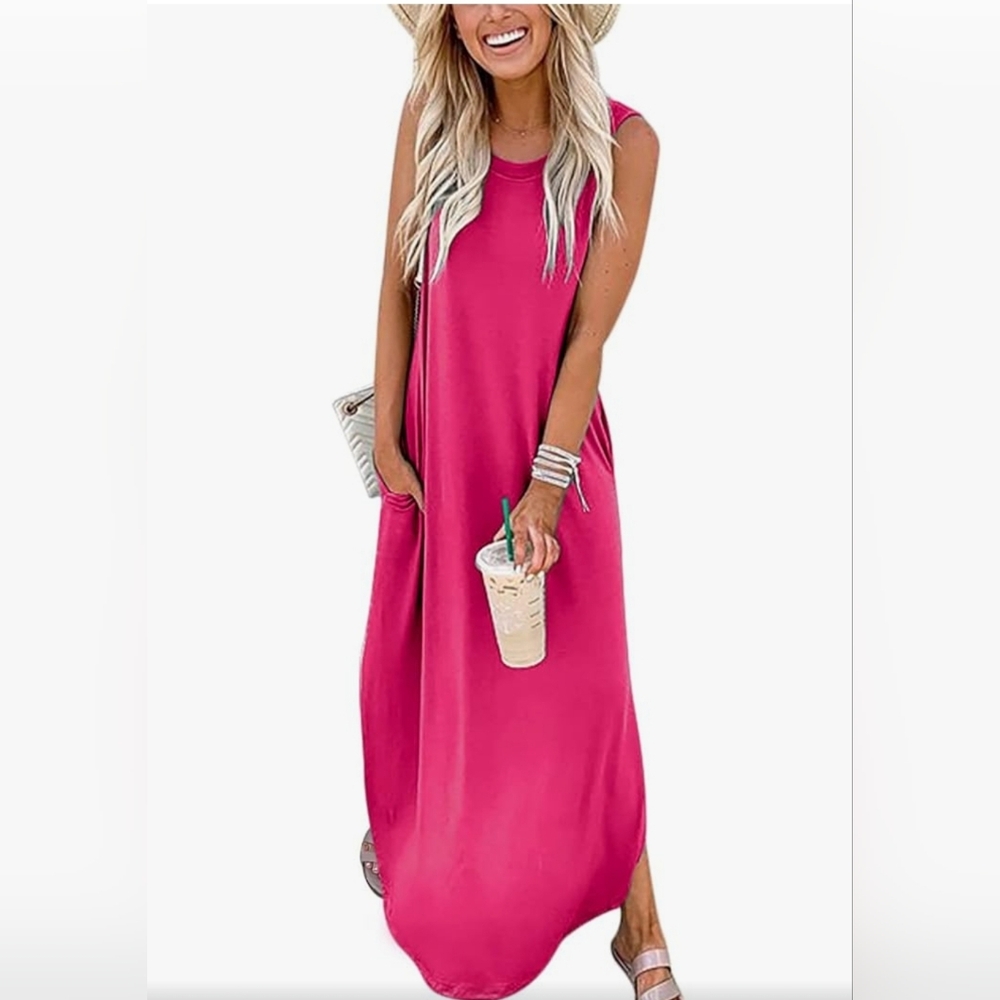 This casual loose maxi dresses for women features crew neck, sleeveless, side sp